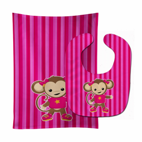 Monkey Baby Bib & Burp Cloth (Color: Monkeys on Pink Stripe, size: 11 x 18)